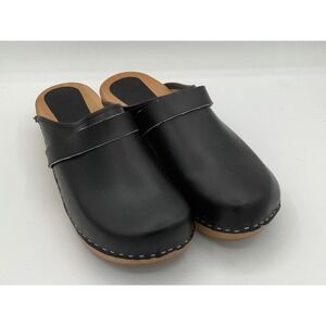 BJORK Swedish Comfort Black Leather Wooden Clogs Mules Size 42